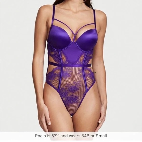 New! Victoria Secret Bombshell Fishnet Floral Teddy Purple 31631 - Picture 1 of 9
